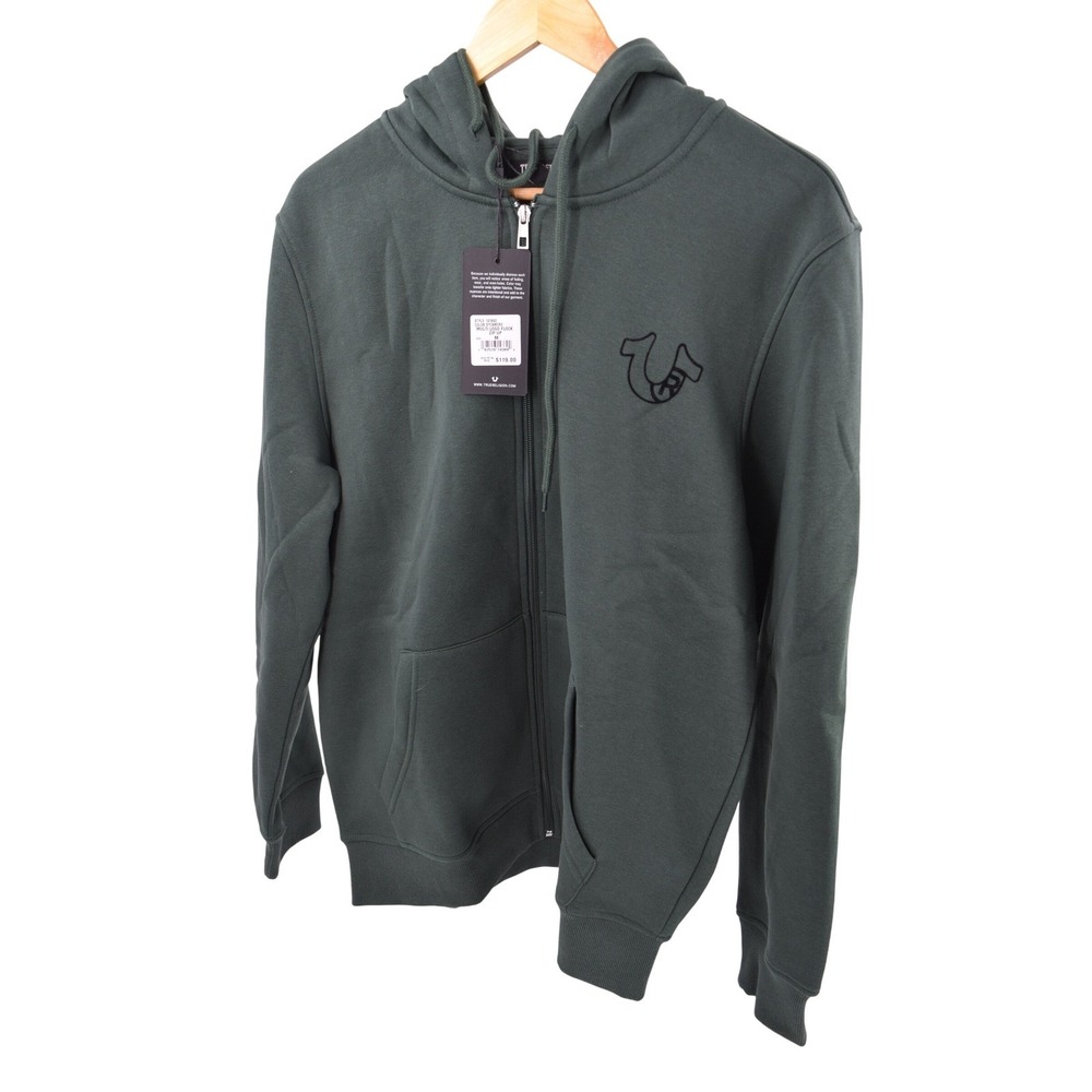 True Religion Multi Logo Flock Zip Up Hoodie Mens Medium Sycamore Green NEW